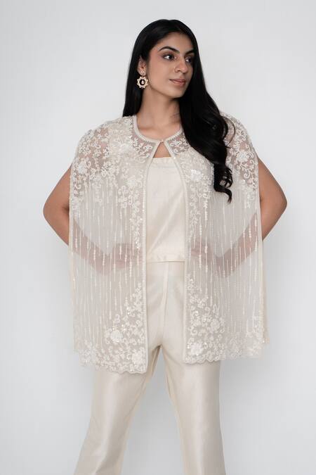 Saisha Ivory Organza, Silk Sequins, Beads Round Floral Stripe Embroidered Cape Pant Set Online at Aza Fashions Saisha_Ivory Organza, Silk Sequins, Beads Round Floral Stripe Embroidered Cape Pant Set _Online_at_Aza_Fashions