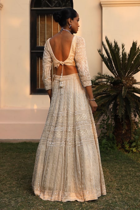 Shop Saisha Ivory Organza, Silk Sequins, Cut Work V-neck Embroidered Bridal Lehenga Set at Aza Fashions Shop_Saisha_Ivory Organza, Silk Sequins, Cut Work V-neck Embroidered Bridal Lehenga Set _at_Aza_Fashions