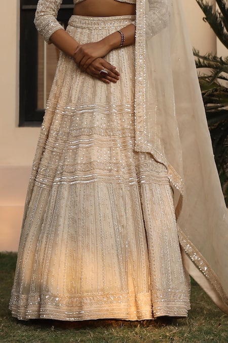 Saisha Ivory Organza, Silk Sequins, Cut Work V-neck Embroidered Bridal Lehenga Set Online at Aza Fashions Saisha_Ivory Organza, Silk Sequins, Cut Work V-neck Embroidered Bridal Lehenga Set _Online_at_Aza_Fashions
