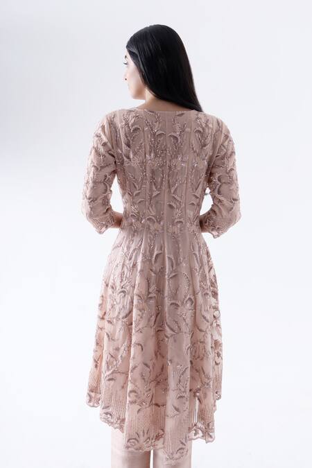 Shop Saisha Peach Organza, Silk Tonal Floral Embroidered Asymmetric Tunic With Trouser at Aza Fashions Shop_Saisha_Peach Organza, Silk Tonal Floral Embroidered Asymmetric Tunic With Trouser _at_Aza_Fashions