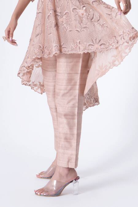 Saisha Peach Organza, Silk Tonal Floral Embroidered Asymmetric Tunic With Trouser Online at Aza Fashions Saisha_Peach Organza, Silk Tonal Floral Embroidered Asymmetric Tunic With Trouser _Online_at_Aza_Fashions