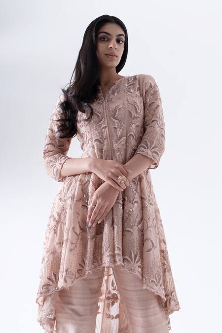 Buy Saisha Peach Organza, Silk Tonal Floral Embroidered Asymmetric Tunic With Trouser Online at Aza Fashions Buy_Saisha_Peach Organza, Silk Tonal Floral Embroidered Asymmetric Tunic With Trouser _Online_at_Aza_Fashions
