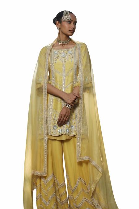Saisha_Yellow Georgette, Organza, Silk Sequins, Beads, Floral Kurta Sharara Set _Online_at_Aza_Fashions