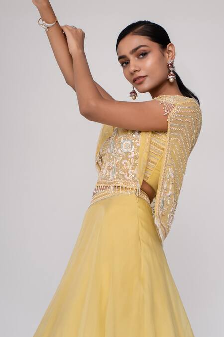 Buy Saisha Yellow Organza, Silk Sequins, Beads Floral Embroidered Short Cape And Skirt Set Online at Aza Fashions Buy_Saisha_Yellow Organza, Silk Sequins, Beads Floral Embroidered Short Cape And Skirt Set _Online_at_Aza_Fashions