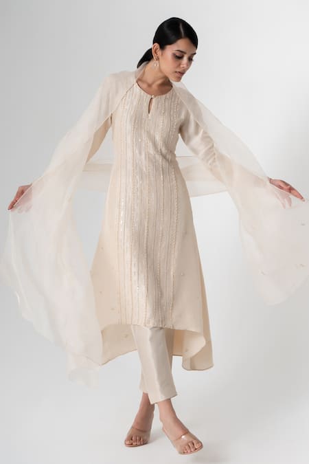 Shop Saisha Ivory Organza, Silk Sequins, Crystals, Beads Round Embroidered Kurta Pant Set at Aza Fashions Shop_Saisha_Ivory Organza, Silk Sequins, Crystals, Beads Round Embroidered Kurta Pant Set _at_Aza_Fashions