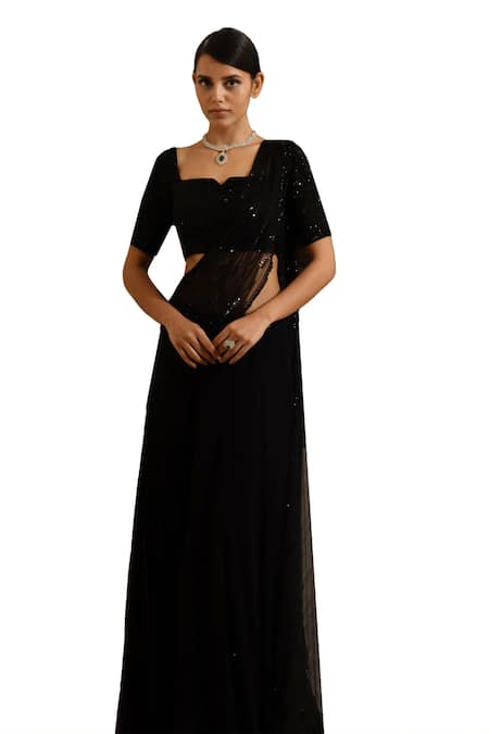 Saisha Black Organza, Georgette Sequins, Beads Embroidered Pre-draped Saree With Blouse Online at Aza Fashions Saisha_Black Organza, Georgette Sequins, Beads Embroidered Pre-draped Saree With Blouse _Online_at_Aza_Fashions