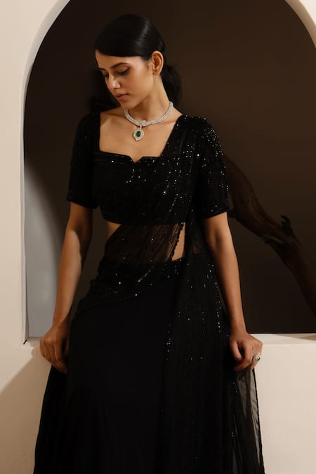 Buy Saisha Black Organza, Georgette Sequins, Beads Embroidered Pre-draped Saree With Blouse Online at Aza Fashions Buy_Saisha_Black Organza, Georgette Sequins, Beads Embroidered Pre-draped Saree With Blouse _Online_at_Aza_Fashions