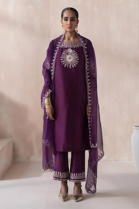 SAISHA Purple Organza Embroidery Floral Butti Boat Neck Mandala Kurta Pant Set 