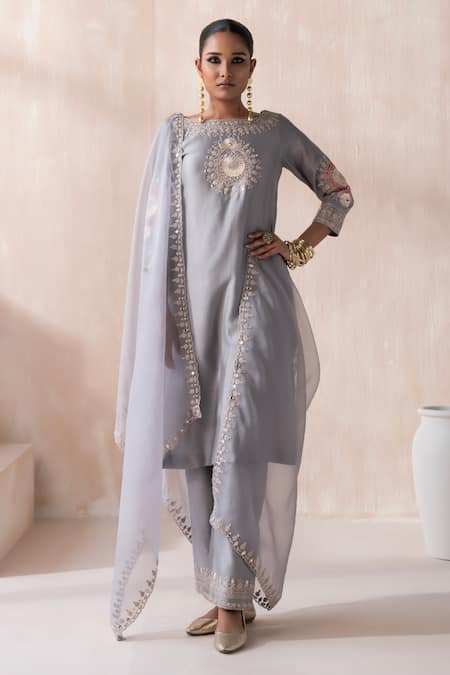 SAISHA Grey Organza Embroidery Floral Butti Boat Neck Flower Mandala Kurta Pant Set 