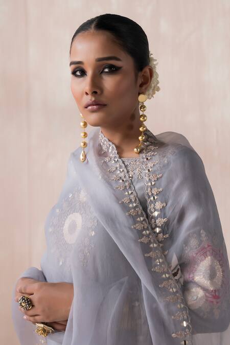 Shop_Saisha_Grey Organza, Chanderi Embroidery, Mirrors Flower Mandala Butti Kurta Pant Set _Online_at_Aza_Fashions