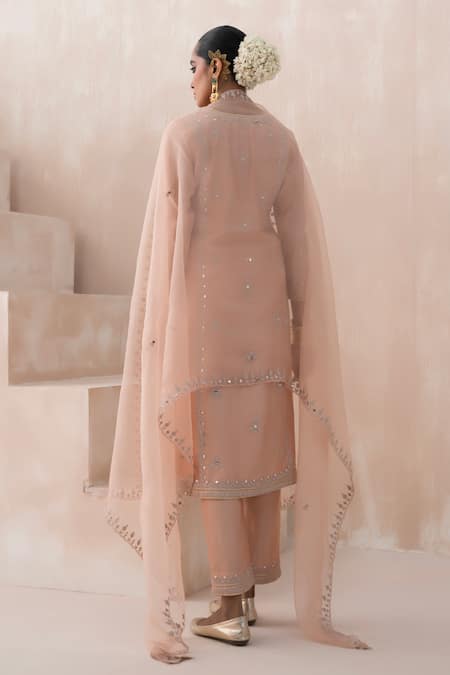 Shop Saisha Peach Organza, Chanderi Embroidery, Mirrors Floret Butti Kurta Pant Set at Aza Fashions Shop_Saisha_Peach Organza, Chanderi Embroidery, Mirrors Floret Butti Kurta Pant Set _at_Aza_Fashions