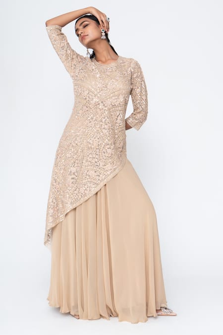 Shop Saisha Beige Net, Georgette Embroidery, Sequins Round Neck Floral Kurta With Sharara at Aza Fashions Shop_Saisha_Beige Net, Georgette Embroidery, Sequins Round Neck Floral Kurta With Sharara _at_Aza_Fashions