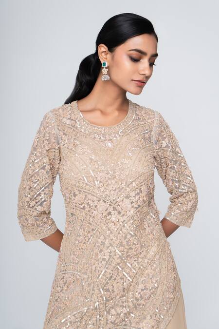 Saisha Beige Net, Georgette Embroidery, Sequins Round Neck Floral Kurta With Sharara Online at Aza Fashions Saisha_Beige Net, Georgette Embroidery, Sequins Round Neck Floral Kurta With Sharara _Online_at_Aza_Fashions