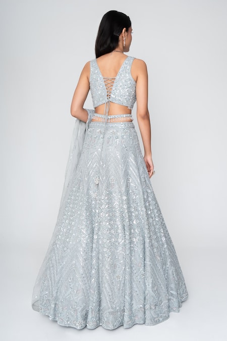 Shop Saisha Blue Organza, Silk Beads, Embroidery, Sequins Polo Floral Bloom Lehenga Set at Aza Fashions Shop_Saisha_Blue Organza, Silk Beads, Embroidery, Sequins Polo Floral Bloom Lehenga Set _at_Aza_Fashions