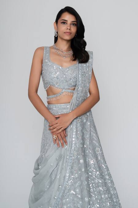 Shop Saisha Blue Organza, Silk Beads, Embroidery, Sequins Polo Floral Bloom Lehenga Set Online at Aza Fashions Shop_Saisha_Blue Organza, Silk Beads, Embroidery, Sequins Polo Floral Bloom Lehenga Set _Online_at_Aza_Fashions