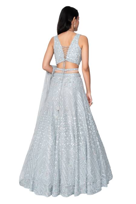 Saisha Blue Organza, Silk Beads, Embroidery, Sequins Polo Floral Bloom Lehenga Set at Aza Fashions Saisha_Blue Organza, Silk Beads, Embroidery, Sequins Polo Floral Bloom Lehenga Set _at_Aza_Fashions