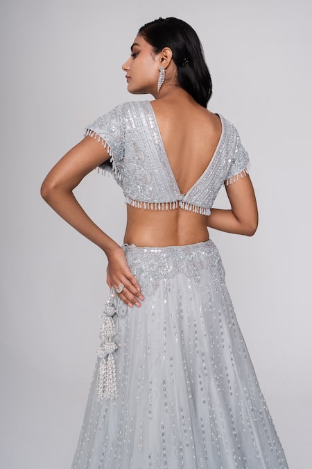 Shop Saisha Blue Organza, Silk Sequins, Embroidery, Beads Round Neck Lehenga Set at Aza Fashions Shop_Saisha_Blue Organza, Silk Sequins, Embroidery, Beads Round Neck Lehenga Set _at_Aza_Fashions