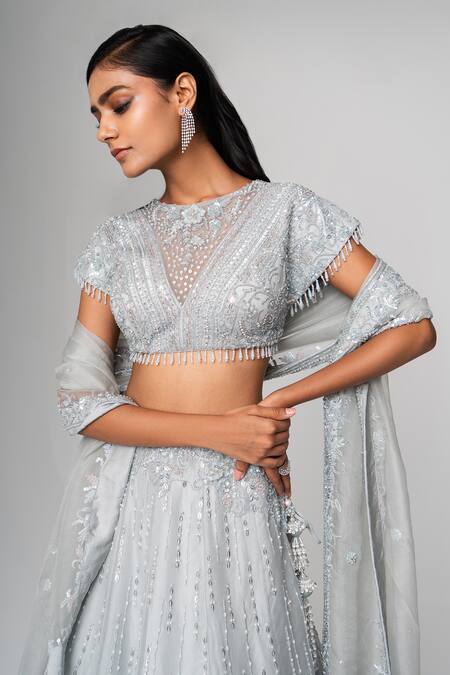 Buy Saisha Blue Organza, Silk Sequins, Embroidery, Beads Round Neck Lehenga Set Online at Aza Fashions Buy_Saisha_Blue Organza, Silk Sequins, Embroidery, Beads Round Neck Lehenga Set _Online_at_Aza_Fashions