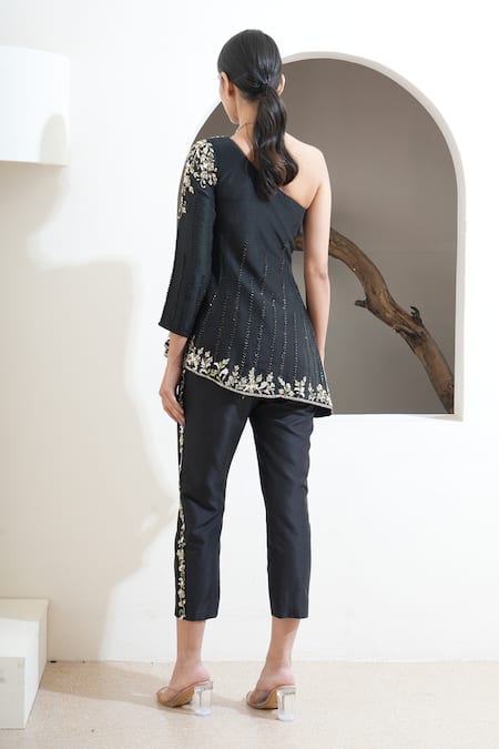 Shop_Saisha_Black Silk Embroidery, Sequins Asymmetric Floral Tunic With Pant _at_Aza_Fashions