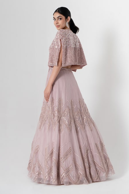 Shop Saisha Purple Silk, Organza Sequins, Embroidery Open Geometric Lehenga And Cape Set at Aza Fashions Shop_Saisha_Purple Silk, Organza Sequins, Embroidery Open Geometric Lehenga And Cape Set _at_Aza_Fashions