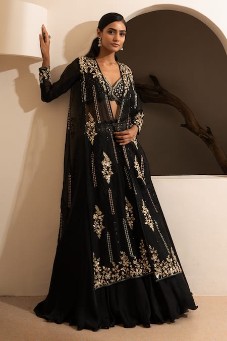 SAISHA Black Organza Embroidery Floral Open Neck Sequin Cape Lehenga Set 