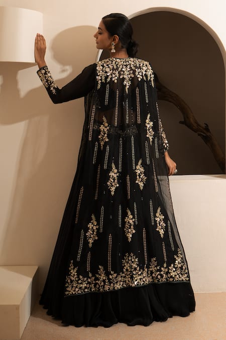 Shop Saisha Black Organza, Silk, Georgette Sequins, Embroidery Floral Cape Lehenga Set at Aza Fashions Shop_Saisha_Black Organza, Silk, Georgette Sequins, Embroidery Floral Cape Lehenga Set _at_Aza_Fashions