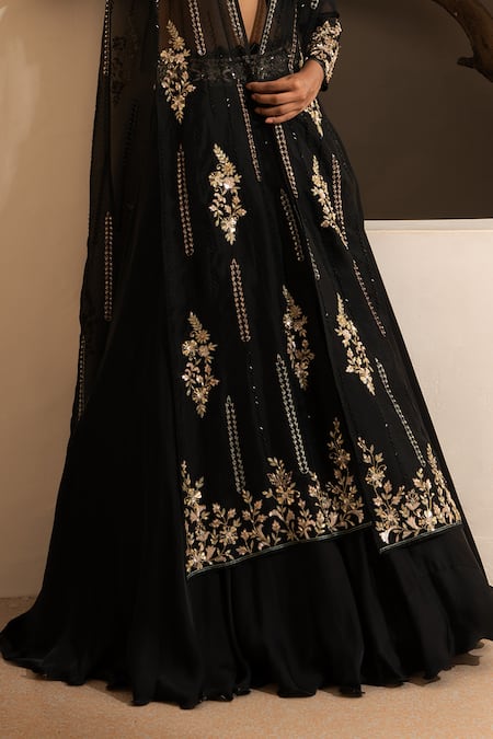 Buy Saisha Black Organza, Silk, Georgette Sequins, Embroidery Floral Cape Lehenga Set Online at Aza Fashions Buy_Saisha_Black Organza, Silk, Georgette Sequins, Embroidery Floral Cape Lehenga Set _Online_at_Aza_Fashions