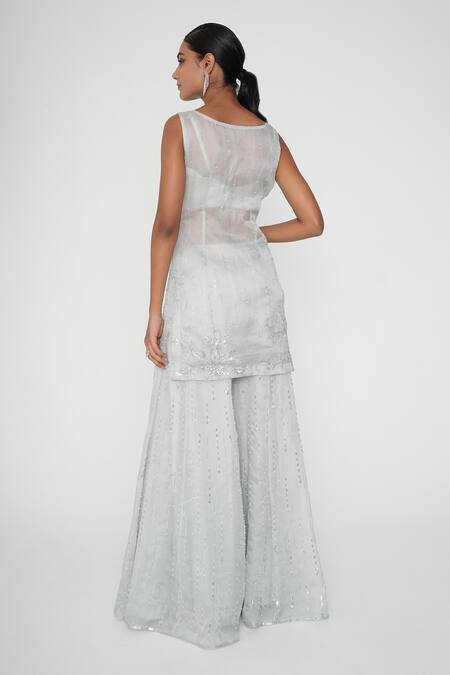 Shop Saisha Blue Organza, Silk Sequins, Embroidery Round Floral Sheer Kurta Sharara Set at Aza Fashions Shop_Saisha_Blue Organza, Silk Sequins, Embroidery Round Floral Sheer Kurta Sharara Set _at_Aza_Fashions