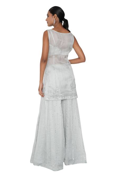 Saisha Blue Organza, Silk Sequins, Embroidery Round Floral Sheer Kurta Sharara Set at Aza Fashions Saisha_Blue Organza, Silk Sequins, Embroidery Round Floral Sheer Kurta Sharara Set _at_Aza_Fashions