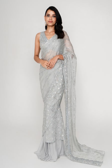 SAISHA Blue Organza And Chinese Silk Leaflet Sequin Pre-draped Saree With Blouse 