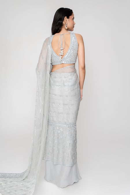 Shop_Saisha_Blue Organza, Silk Sequins Leaflet Embroidered Pre-draped Saree With Blouse _at_Aza_Fashions