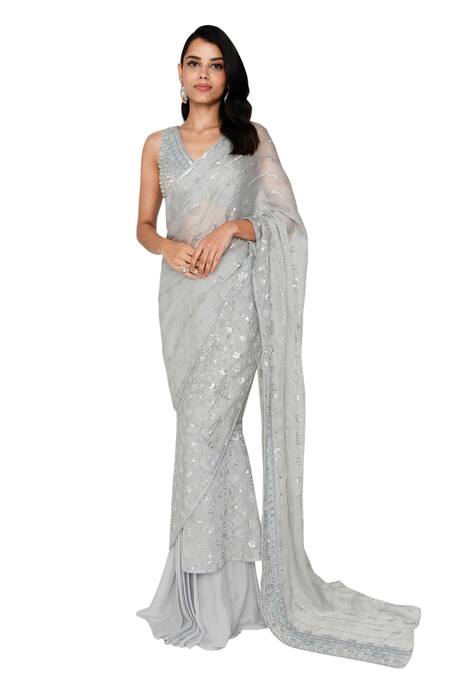 Saisha_Blue Organza, Silk Sequins Leaflet Embroidered Pre-draped Saree With Blouse _Online_at_Aza_Fashions
