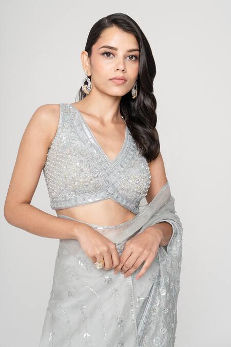 Buy_Saisha_Blue Organza, Silk Sequins Leaflet Embroidered Pre-draped Saree With Blouse _Online_at_Aza_Fashions