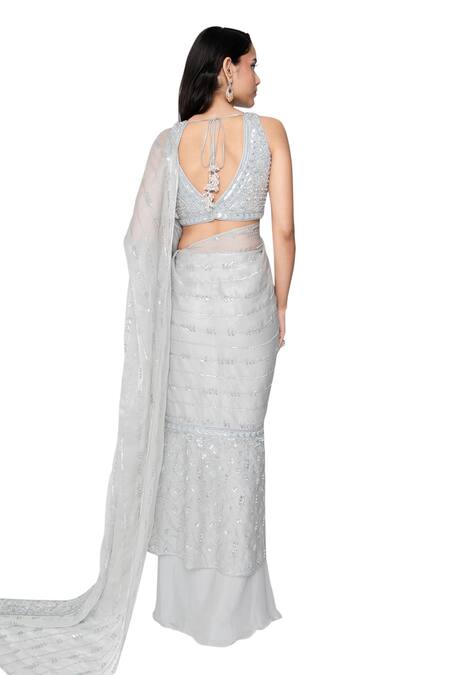 Shop_Saisha_Blue Organza, Silk Sequins Leaflet Embroidered Pre-draped Saree With Blouse _Online_at_Aza_Fashions