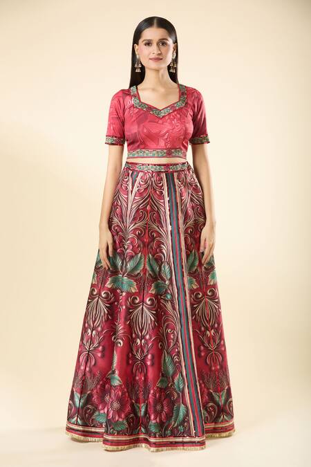 Samyukta Singhania_Multi Color Lycra, Silk, Georgette Embroidery Tropical Print Lehenga Set_Online_at_Aza_Fashions