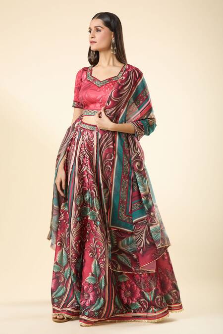 Samyukta Singhania_Multi Color Lycra, Silk, Georgette Embroidery Tropical Print Lehenga Set_at_Aza_Fashions