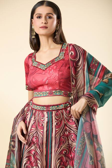 Buy_Samyukta Singhania_Multi Color Lycra, Silk, Georgette Embroidery Tropical Print Lehenga Set