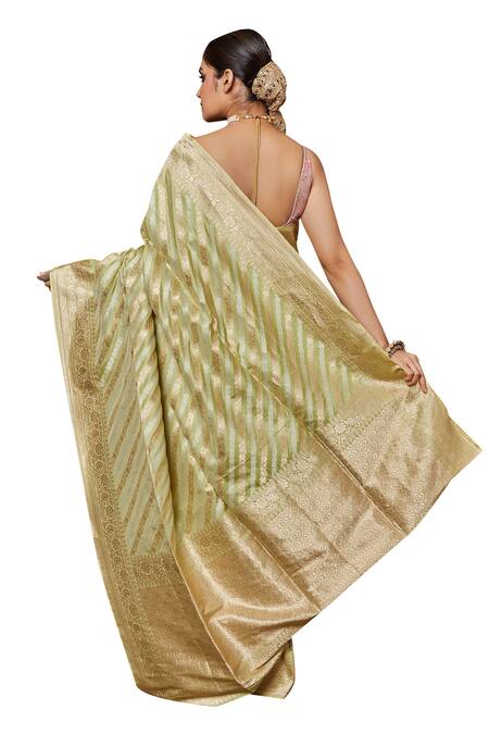 Shop_Vishwa By Pinki Sinha_Green Silk, Brocade Embroidery Flower Stripe Woven Saree With Running Blouse_Online_at_Aza_Fashions