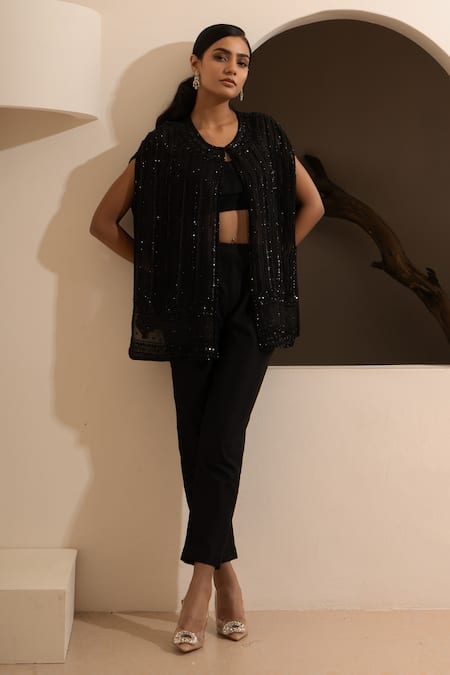 SAISHA Black Organza And Chinese Silk Embroidery Linear Tonal Sequin Cape & Pant Set 