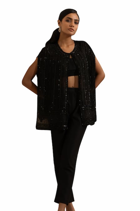 Buy Saisha Black Organza, Silk Sequins, Cut Work Round Tonal Embroidered Cape And Pant Set Online at Aza Fashions Buy_Saisha_Black Organza, Silk Sequins, Cut Work Round Tonal Embroidered Cape And Pant Set _Online_at_Aza_Fashions