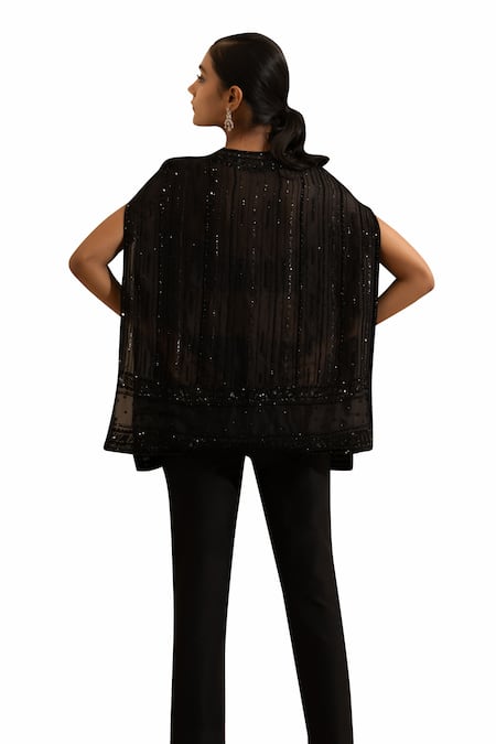 Shop Saisha Black Organza, Silk Sequins, Cut Work Round Tonal Embroidered Cape And Pant Set Online at Aza Fashions Shop_Saisha_Black Organza, Silk Sequins, Cut Work Round Tonal Embroidered Cape And Pant Set _Online_at_Aza_Fashions