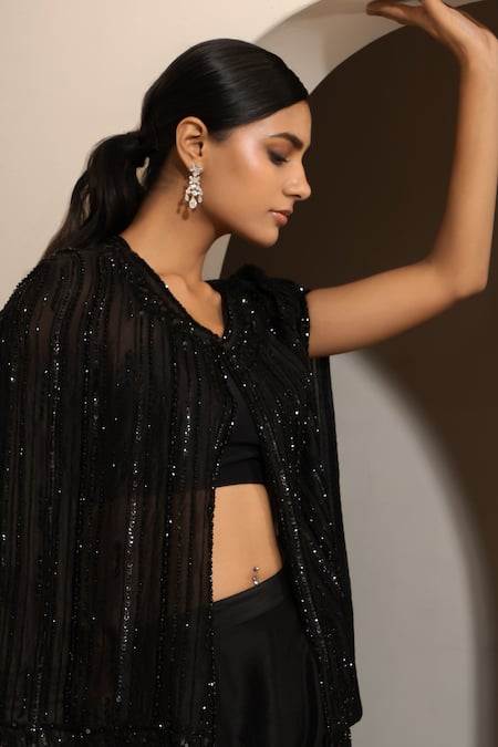 Saisha Black Organza, Silk Sequins, Cut Work Round Tonal Embroidered Cape And Pant Set at Aza Fashions Saisha_Black Organza, Silk Sequins, Cut Work Round Tonal Embroidered Cape And Pant Set _at_Aza_Fashions
