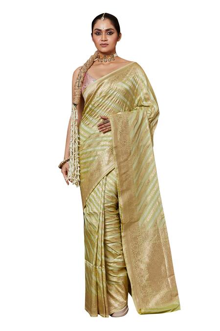 Vishwa By Pinki Sinha_Green Silk, Brocade Embroidery Flower Stripe Woven Saree With Running Blouse_Online_at_Aza_Fashions