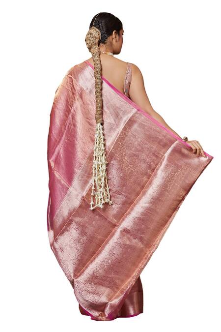 Buy_Vishwa By Pinki Sinha_Pink Tissue Embroidery Floral Border Woven Saree With Running Blouse
