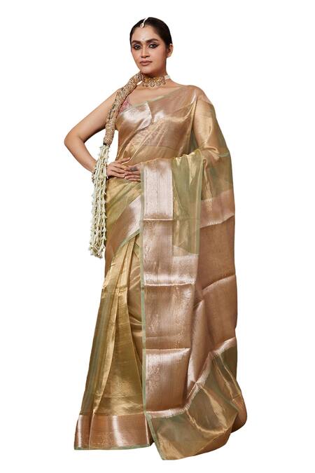 Buy Vishwa By Pinki Sinha Green Tissue Embroidery Florette Border Woven Saree With Running Blouse Buy_Vishwa By Pinki Sinha_Green Tissue Embroidery Florette Border Woven Saree With Running Blouse