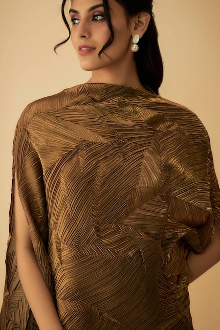 1999ad By Amita & Deepak Gold Tissue High Neck Textured Detail Draped Dress With Inner Online at Aza Fashions 1999ad By Amita & Deepak_Gold Tissue High Neck Textured Detail Draped Dress With Inner _Online_at_Aza_Fashions