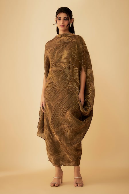 Buy 1999ad By Amita & Deepak Gold Tissue High Neck Textured Detail Draped Dress With Inner Online at Aza Fashions Buy_1999ad By Amita & Deepak_Gold Tissue High Neck Textured Detail Draped Dress With Inner _Online_at_Aza_Fashions