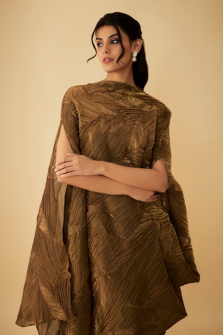 Shop 1999ad By Amita & Deepak Gold Tissue High Neck Textured Detail Draped Dress With Inner Online at Aza Fashions Shop_1999ad By Amita & Deepak_Gold Tissue High Neck Textured Detail Draped Dress With Inner _Online_at_Aza_Fashions