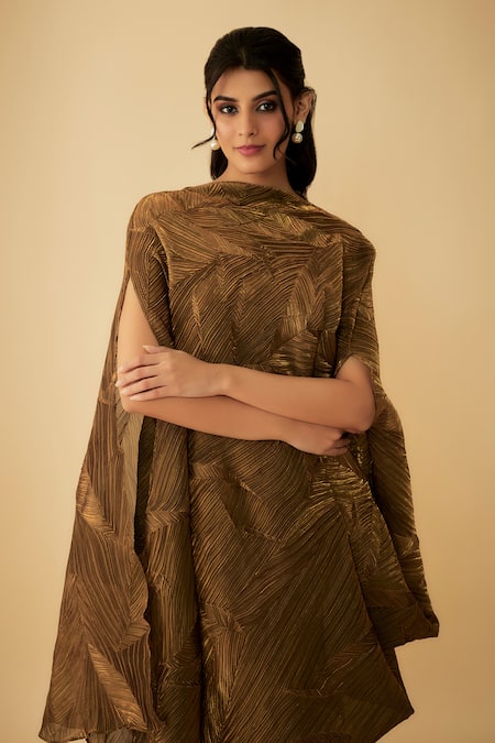 1999ad By Amita & Deepak Gold Tissue High Neck Textured Detail Draped Dress With Inner at Aza Fashions 1999ad By Amita & Deepak_Gold Tissue High Neck Textured Detail Draped Dress With Inner _at_Aza_Fashions