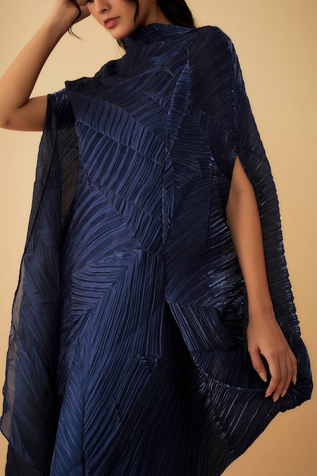 1999ad By Amita & Deepak Blue Tissue High Neck Textured Draped Dress With Inner Online at Aza Fashions 1999ad By Amita & Deepak_Blue Tissue High Neck Textured Draped Dress With Inner _Online_at_Aza_Fashions